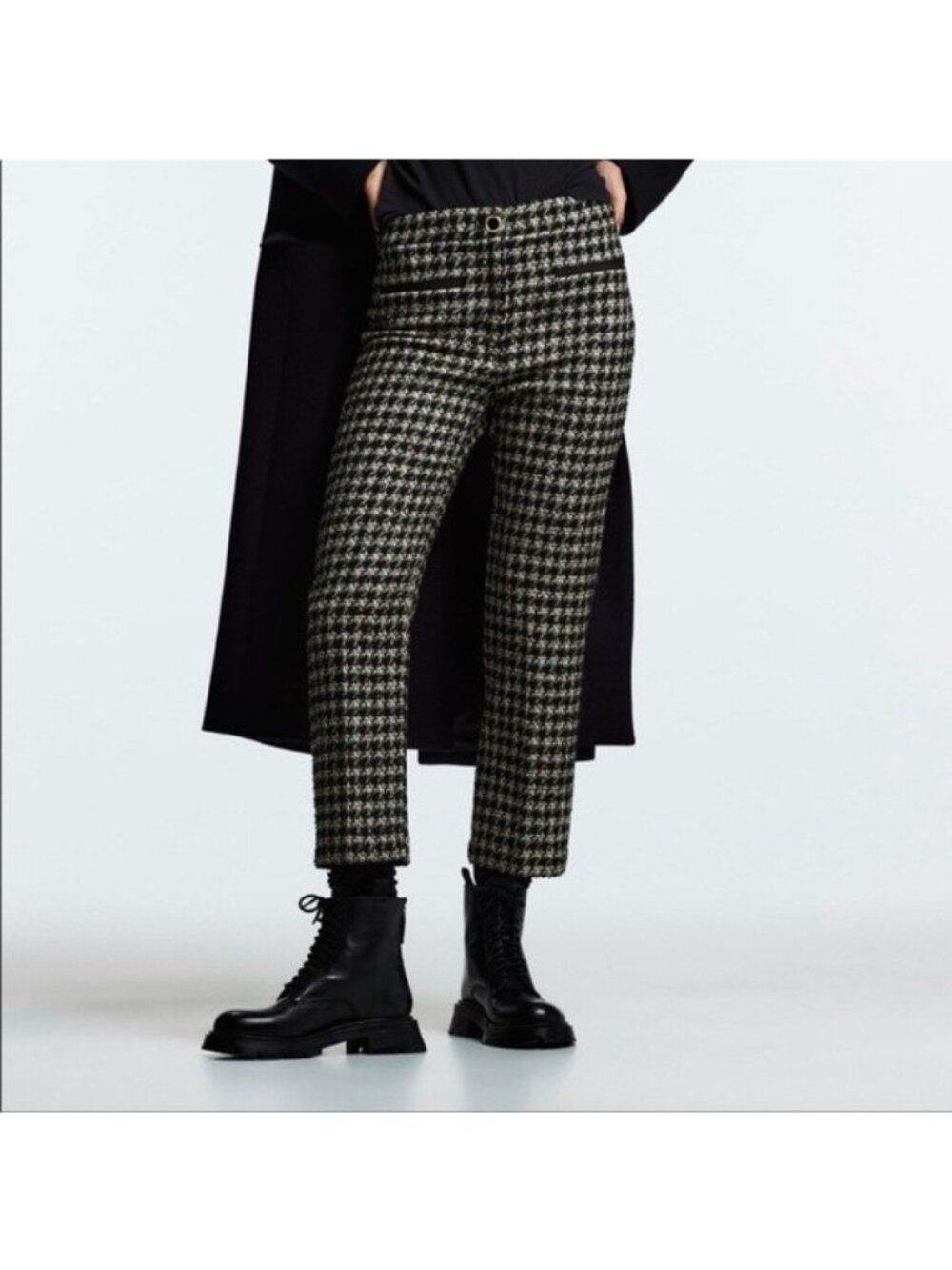 Zara Black White Green Houndstooth Tweed Straight Leg Pants, Size XL